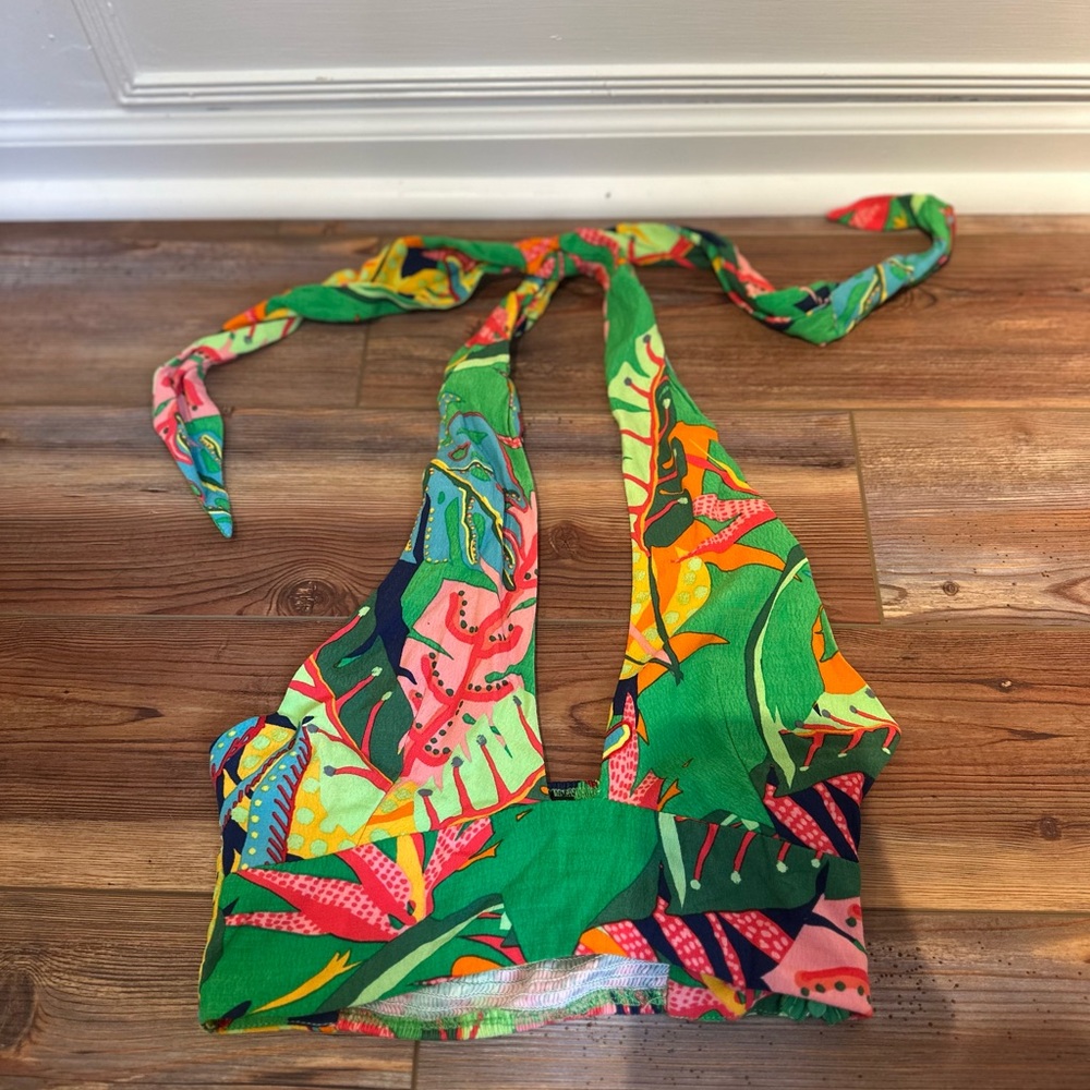 Tropical Halter Tie-Back Crop Top